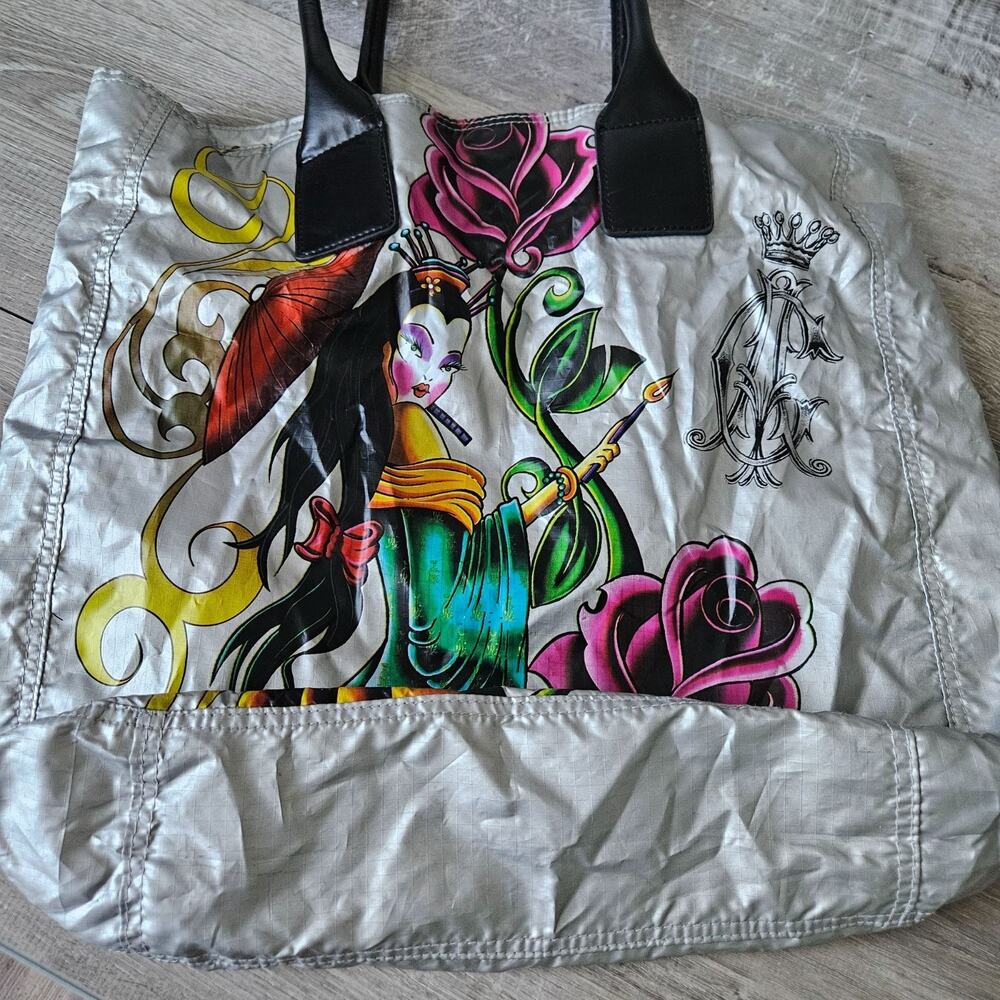 Christian Audigier Y2K Silver Tote Bag Rose Queen Geisha Ed Hardy Graphic Print‎ - Picture 14 of 16
